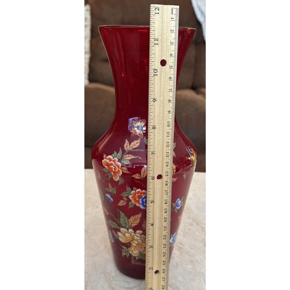 NORLEANS RUBY RED VASE WITH FLOWERS & BUTTERFLIES 11 1/2” TALL / MADE IN ITALY - Picture 3 of 6